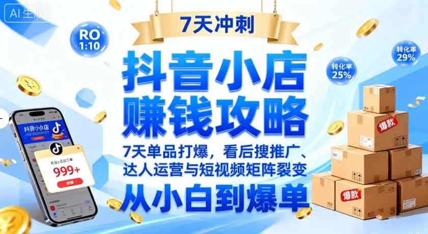 抖音小店赚钱攻略：7天单品打爆技巧，看后搜推广、达人运营与短视频矩阵裂变实战-有道网创