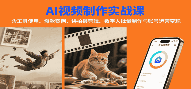 AI视频制作实战:含工具使用、爆款案例,讲拍摄剪辑、数字人批量制作与账号运营变现-有道网创