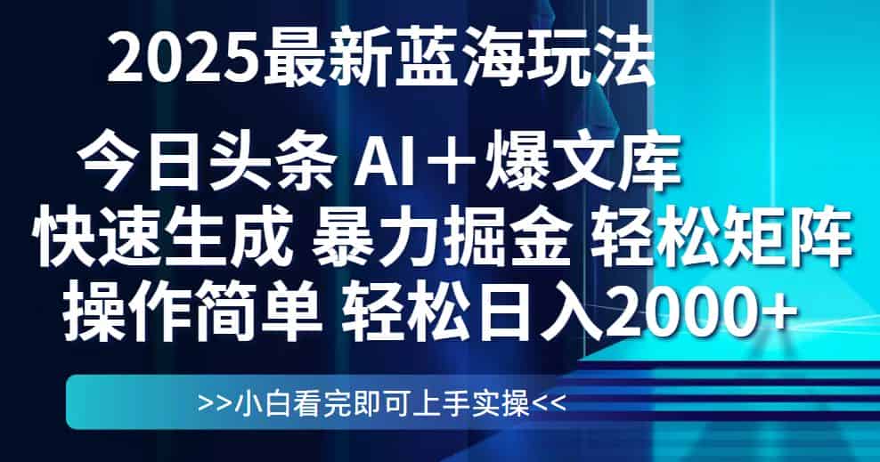 （14805期）今日头条2025最新蓝海玩法，思路简单，复制粘贴，轻松实现矩阵日入2000+-有道网创