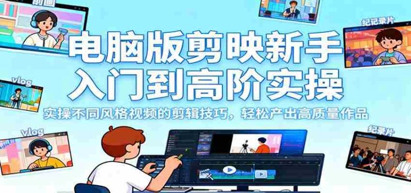 电脑版剪映新手入门到高阶实操，实操不同风格视频的剪辑技巧，轻松产出高质量作品-有道网创