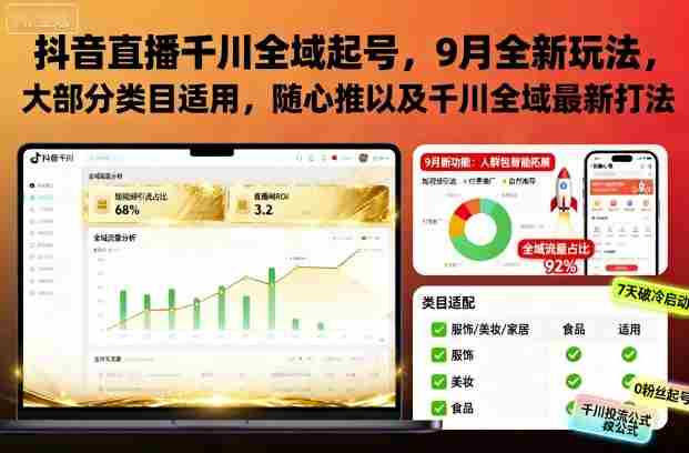 抖音直播千川全域起号，9月全新玩法，大部分类目适用，随心推以及千川全域最新打法-有道网创