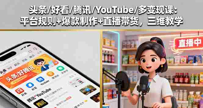 (16147期)头条/好看/腾讯/YouTube/多变现课:平台规则+爆款制作+直播带货,三维教学-有道网创