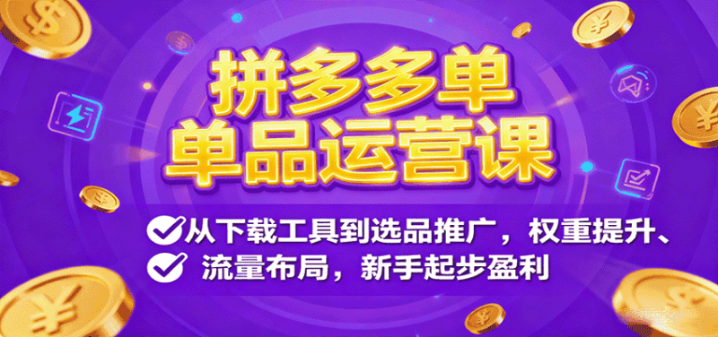 拼多多单品运营课，从下载工具到选品推广，权重提升、流量布局，新手起步盈利-有道网创