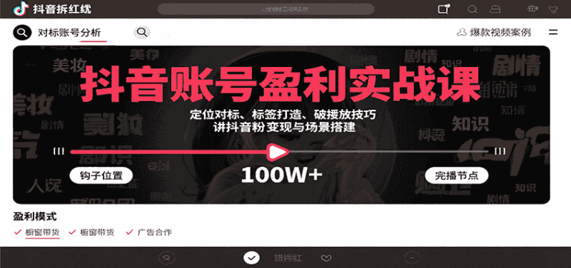 抖音账号盈利实战课,定位对标、标签打造、破播放技巧,讲涨粉变现与场景搭建-有道网创