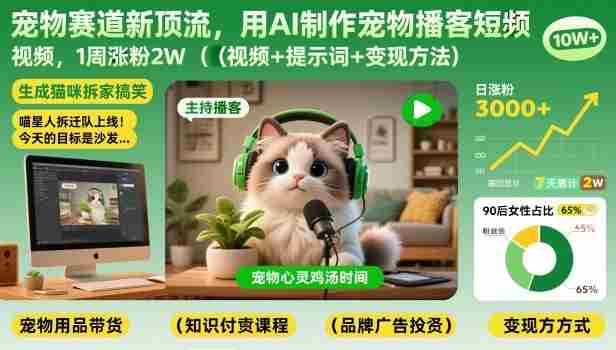 宠物赛道新顶流,用AI制作宠物播客短视频,1周涨粉2W(视频+提示词+变现方法)-有道网创