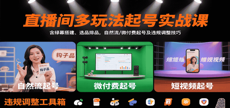 直播间多玩法起号实战课:含绿幕搭建、选品排品,自然流/微付费起号及违规调整技巧-有道网创