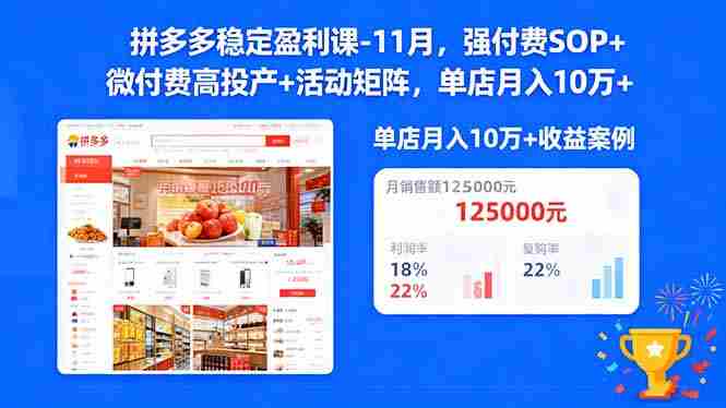 （16473期）拼多多稳定盈利课-11月，强付费SOP+微付费高投产+活动矩阵，单店月入10万+-有道网创