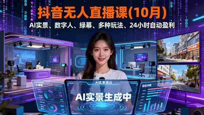 （16355期）抖音无人直播课(10月)，AI实景、数字人、绿幕、多种玩法、24小时自动盈利-有道网创
