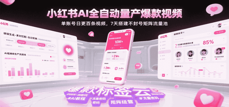 小红书AI全自动量产爆款视频,单账号日更百条视频,7天搭建不封号矩阵流量池(更新)-有道网创