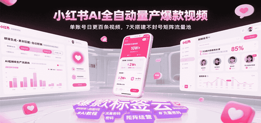 小红书AI全自动量产爆款视频，单账号日更百条视频，7天搭建不封号矩阵流量池（更新）-有道网创