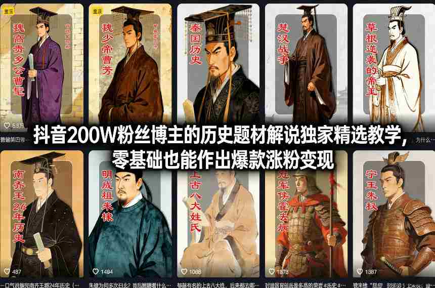抖音200W粉丝博主的历史题材解说独家精选教学，零基础也能作出爆款涨粉变现-有道网创