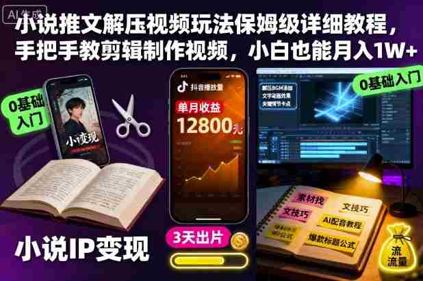 小说推文解压视频玩法保姆级详细教程，手把手教剪辑制作视频，小白也能月入1W+-有道网创