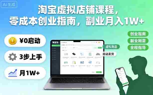 淘宝虚拟店铺课程，零成本创业指南，副业月入1W+-有道网创