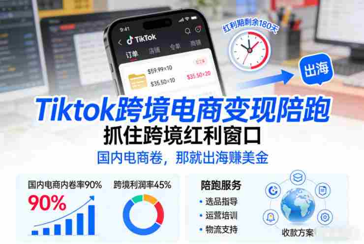 Tiktok跨境电商变现陪跑，抓住跨境红利窗口，国内电商卷，那就出海賺美金-有道网创