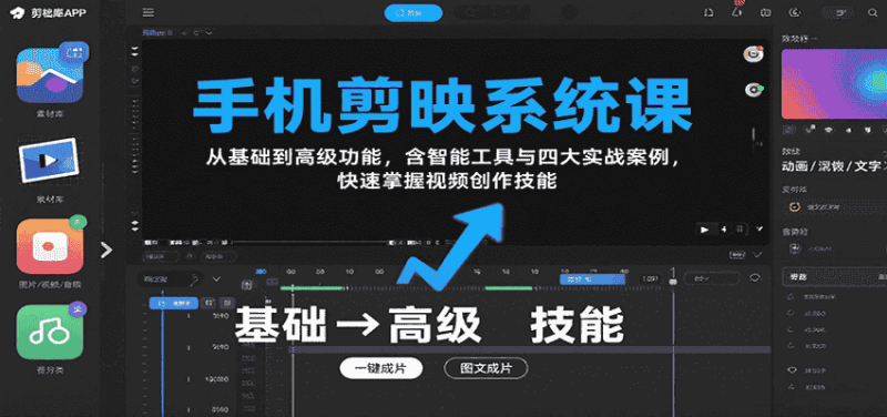 手机剪映系统课，从基础到高级功能，含智能工具与四大实战案例，快速掌握视频创作技能-有道网创