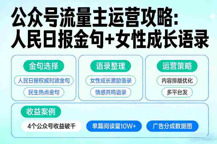 利用人民日报金句+女性成长语录做公众号流量主,4个公众号收益破千-有道网创