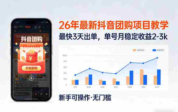 26年最新抖音团购项目教学，0门槛，最快3天出单，单号月稳定收益2-3k-有道网创
