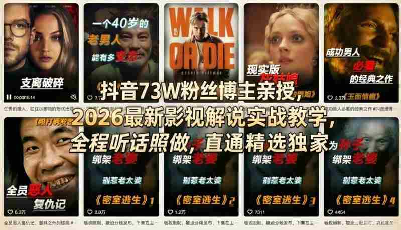 抖音73W粉丝博主亲授，2026最新影视解说实战教学，全程听话照做，直通精选独家-有道网创