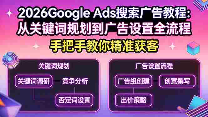 (17641期)2026Google Ads搜索广告教程:从关键词规划到广告设置全流程,手把手教你精准获客-有道网创