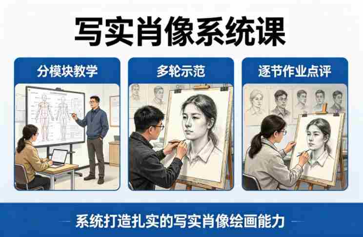 写实肖像系统课,全程分模块教学+多轮示范+逐节作业点评,系统打造扎实的写实肖像绘画能力