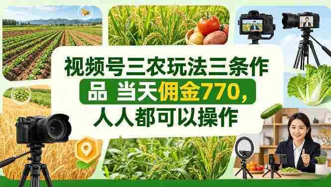 视频号三农玩法三条作品当天佣金770，人人都可以操作-有道网创