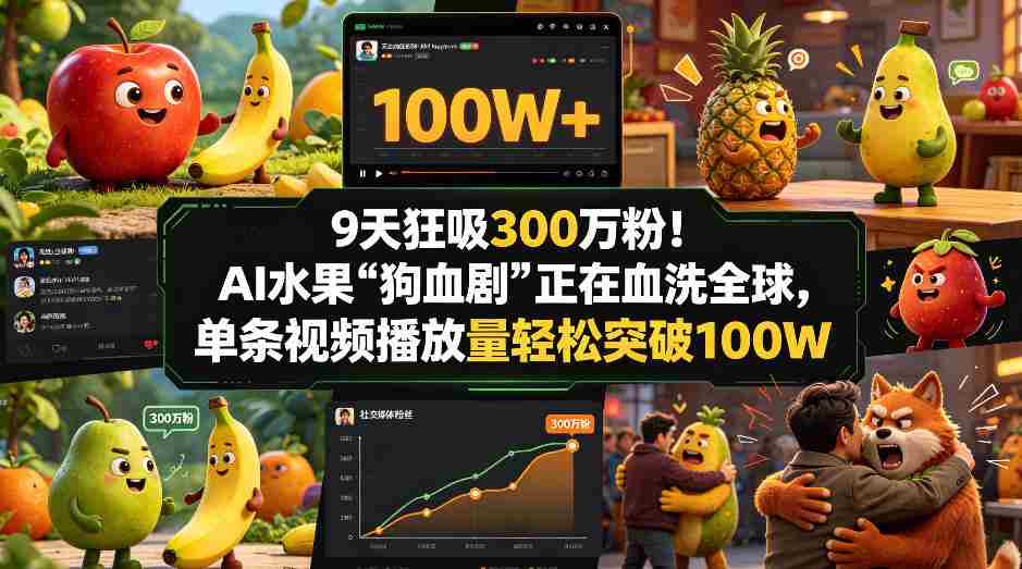 9天狂吸300w粉！AI水果“狗血剧”正在血洗全球，单条视频播放量轻松突破100W-有道网创