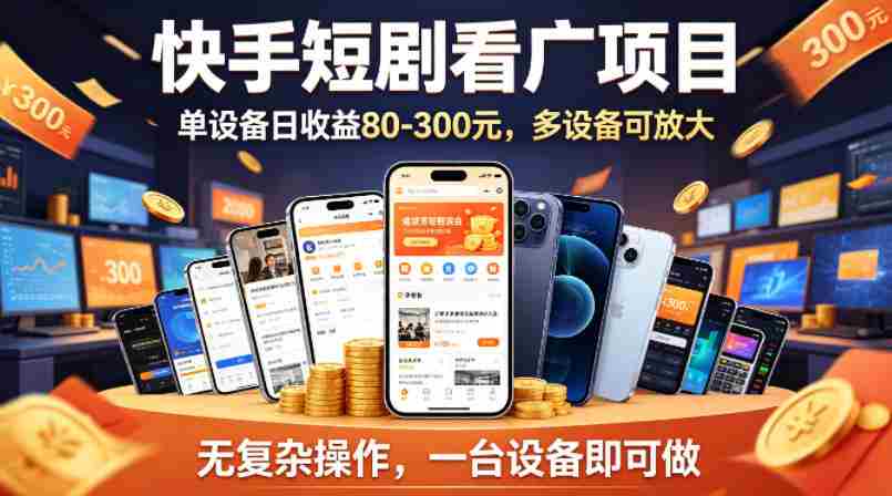 快手短剧看广告项目，没有复杂操作，一台设备每天能有80到300收益，设备多可放大-有道网创