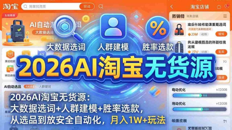 （17955期）2026AI淘宝无货源-4月更新：大数据选词+人群建模+胜率选款，从选品到放大全自动化，月入1W+玩法-有道网创