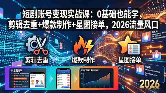 （18160期）短剧账号变现实战课：0基础也能学，剪辑去重+爆款制作+星图接单，2026流量风口-有道网创