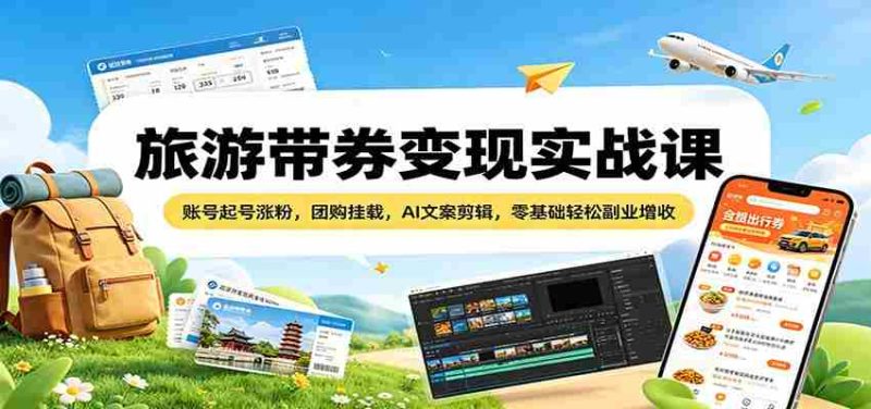 旅游带券变现实战课:账号起号涨粉,团购挂载,AI文案剪辑,零基础轻松副业增收-有道网创