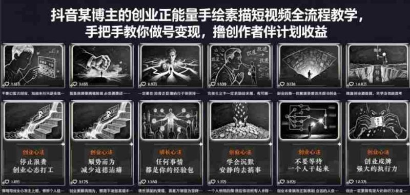 抖音某博主的创业正能量手绘素描短视频全流程教学,手把手教你做号变现,撸创作者伙伴计划收益-有道网创