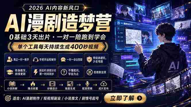 (18568期)AI漫剧造梦营:0基础3天出片,单个工具每天持续生成400秒视频-有道网创