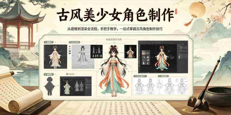 古风美少女角色制作,从建模到渲染全流程,手把手教学,一站式掌握古风角色制作技巧-有道网创