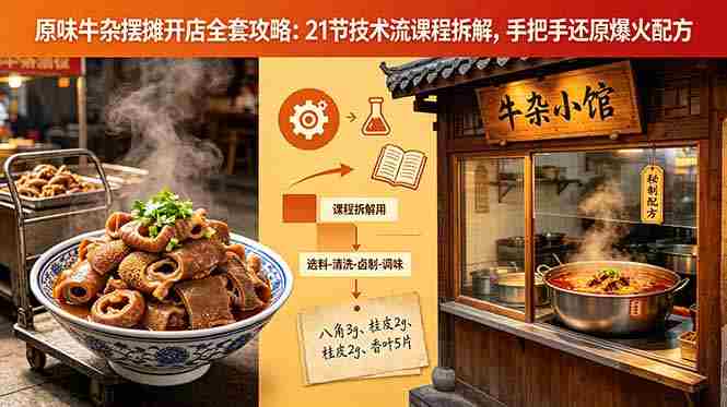 (18601期)原味牛杂摆摊开店全套攻略:21节技术流课程拆解,手把手还原爆火配方-有道网创