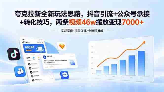 (18416期)夸克拉新全新玩法思路,抖音引流+公众号承接+转化技巧,两条视频46w搬放 变现7000+-有道网创
