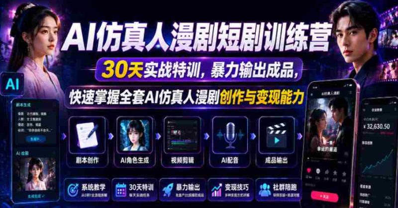 AI仿真人漫剧短剧训练营，30天实战特训，暴力输出成品，快速掌握全套AI仿真人漫剧创作与变现能力-有道网创