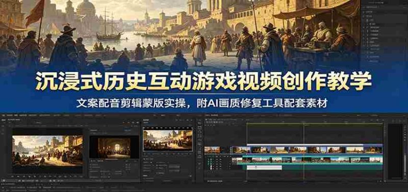 沉浸式历史互动游戏视频创作教学:文案配音剪辑蒙版实操,附AI画质修复工具配套素材-有道网创