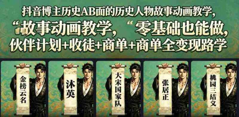 抖音博主历史AB面的历史人物故事动画教学,零基础也能做,伙伴计划+收徒+商单全变现路径教学-有道网创