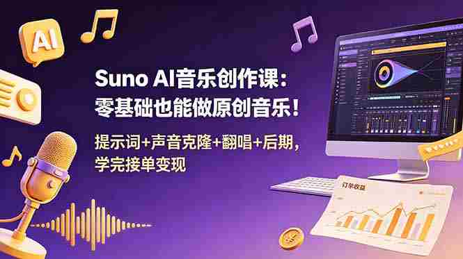 (18945期) Suno AI音乐创作课:零基础也能做原创音乐!提示词+声音克隆+翻唱+后期,学完接单变现-有道网创