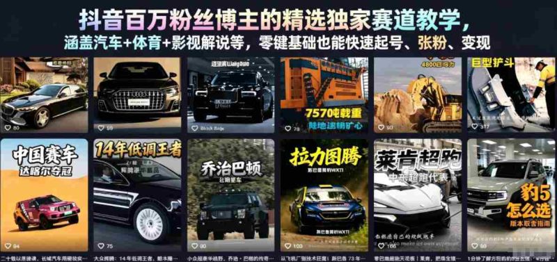 抖音百万粉丝博主的精选独家赛道教学,涵盖汽车+体育+影视解说等,零基础也能快速起号、涨粉、变现-有道网创