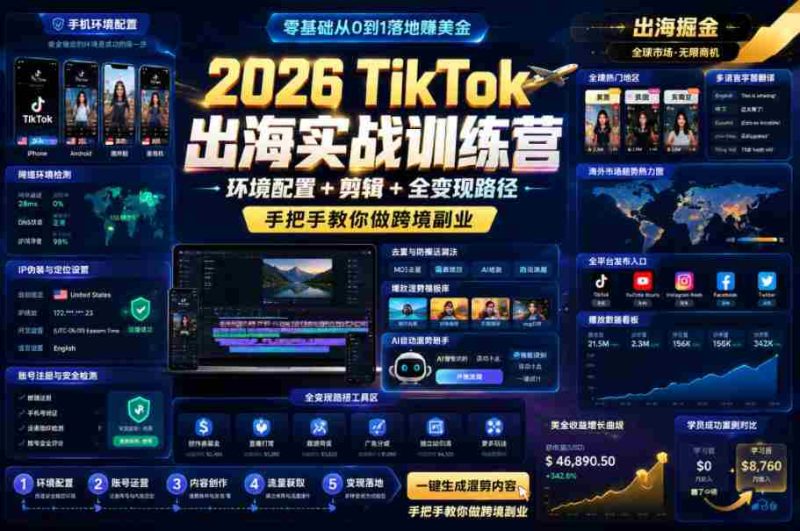 2026 TikTok出海实战训练营，环境配置 + 剪辑 + 全变现路径，手把手教你做跨境副业-有道网创