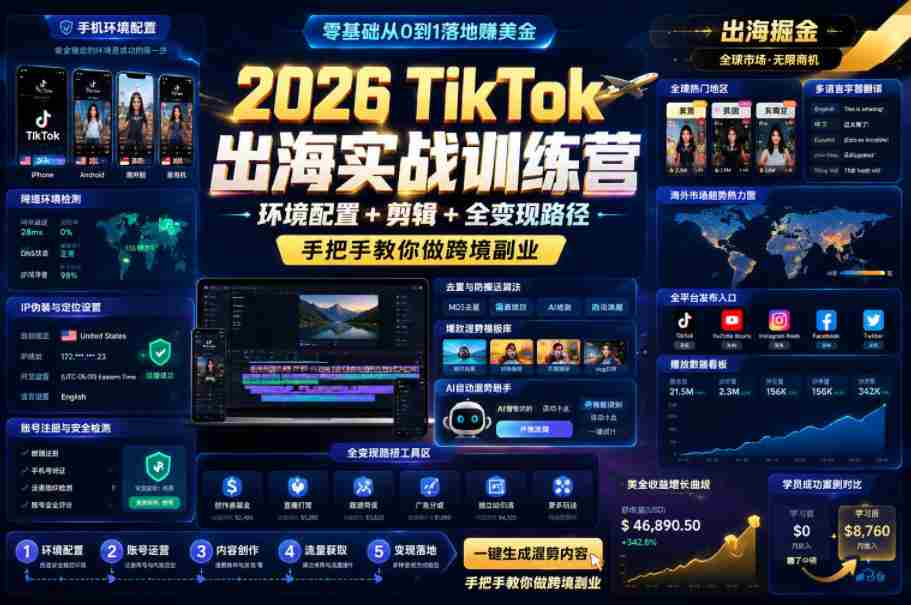 2026 TikTok出海实战训练营，环境配置 + 剪辑 + 全变现路径，手把手教你做跨境副业-有道网创