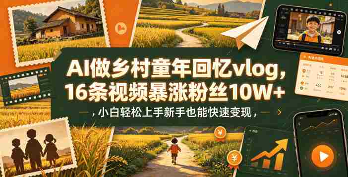AI做乡村童年回忆vlog,16条视频暴涨粉丝10W+,小白轻松上手新手也能快速变现-有道网创