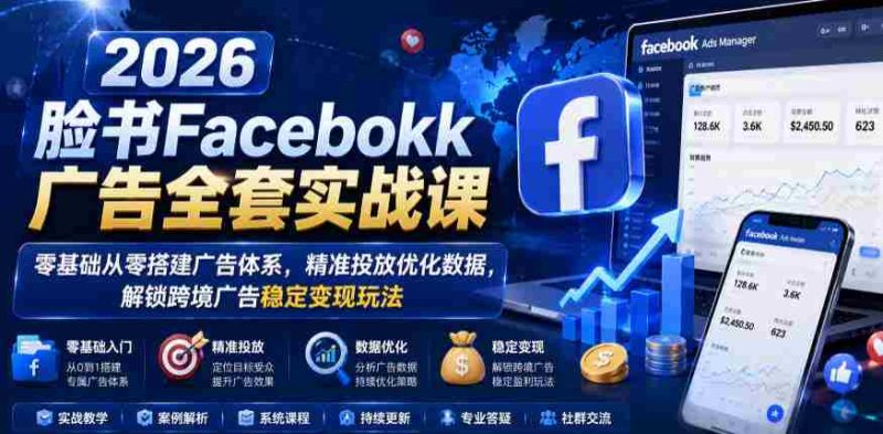 2026脸书Facebook广告全套实战课，零基础从零搭建广告体系，精准投放优化数据，解锁跨境广告稳定变现玩法-有道网创