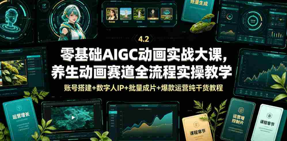 零基础AIGC动画实战大课,养生动画赛道全流程实操教学,账号搭建+数字人IP+批量成片+爆款运营纯干货教程