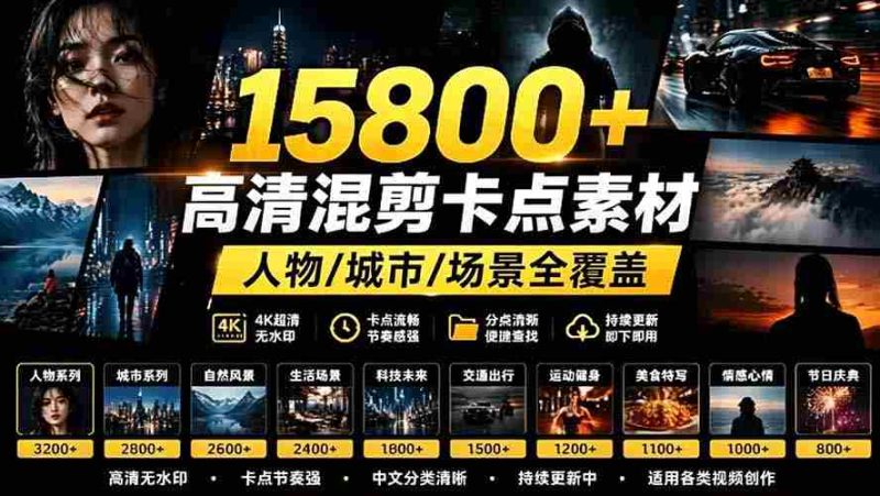 (19120期)【影视剪辑素材合集】15800+高清混剪卡点|热门影视精彩片段|人物/城市/场景全覆盖,中文分类清晰-有道网创