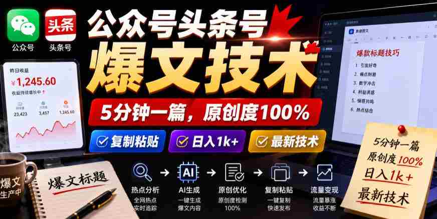 公众号头条号爆文技术，5分钟一篇，原创度100%，复制粘贴，日入1k+，最新技术【揭秘】-有道网创