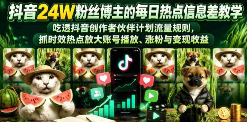 抖音24W粉丝博主的每日热点信息差教学,吃透创作者伙伴计划流量规则,抓时效热点放大账号播放、涨粉与变现收益-有道网创