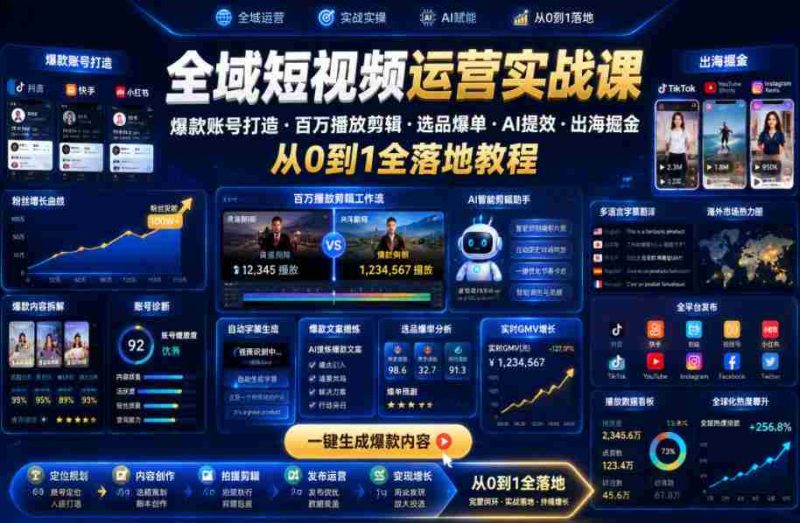全域短视频运营实战课,爆款账号打造・百万播放剪辑・选品爆单・AI提效・出海掘金,从0到1全落地教程-有道网创