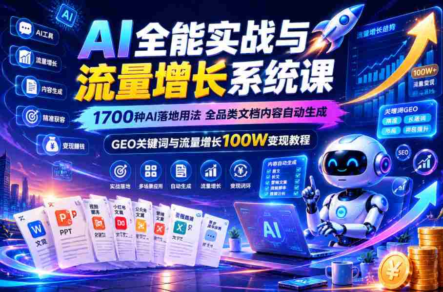 AI全能实战与流量增长系统课,1700种AI落地用法,全品类文档内容自动生成,GEO关键词与流量增长100W变现教程